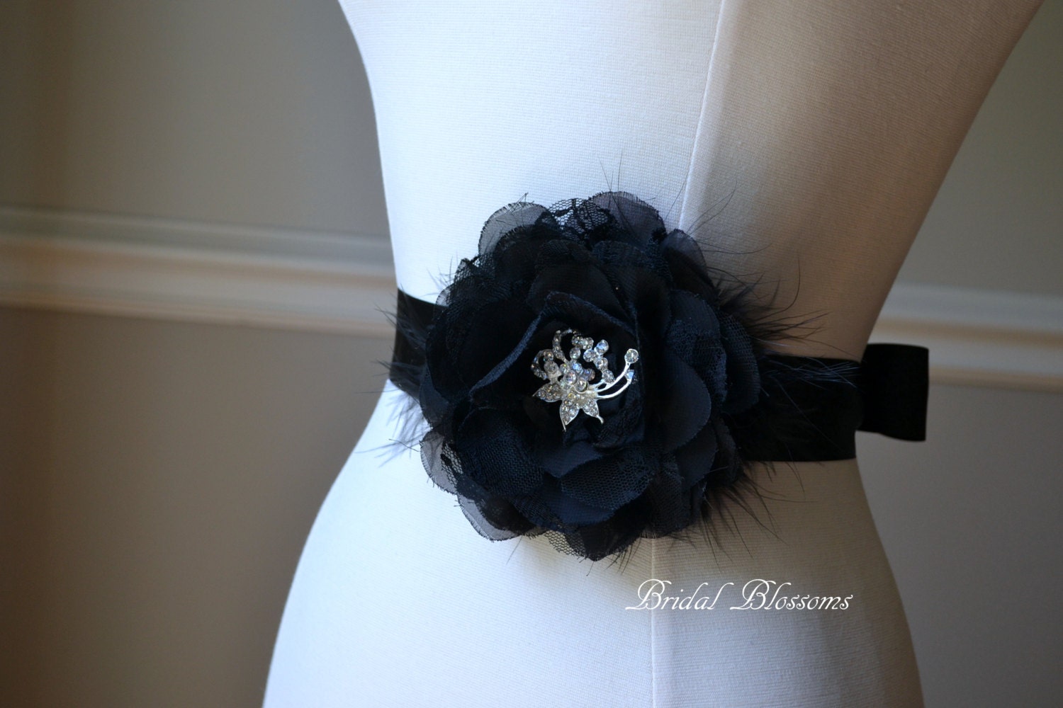 TERESA Black Vintage Inspired Bridal Sash | Chiffon Lace Flower Brooch Wedding Dress Sash | Bridal Belt | Feather | Bridesmaids Jewels Bling