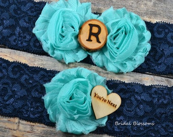 Aqua Navy Blue Bridal Garter Set With Initial | Chiffon Flower Garters | Wood Rustic Country Wedding | Stretch Lace | Plus Size