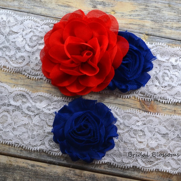 USA Red White Blue Bridal Garter Set | Military Wedding Garters | Flower Lace Garter | Keepsake Toss Superhero Royal Blue | Plus Size