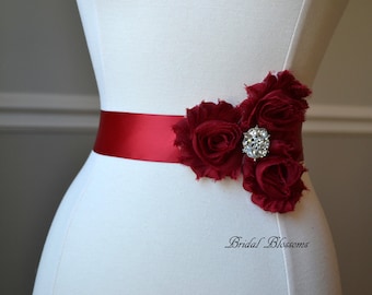 LORYN Scarlett Red Vintage Inspired Bridal Sash | Shabby Chiffon Flower Wedding Dress Sash | Belt Ribbon Bridesmaids | Rhinestone Dark Red