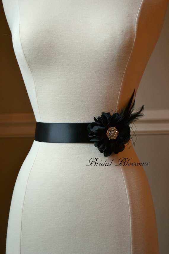 DEBRA Black Feather Flower Bridal Sash | Chiffon Rhinestone Flower Wedding Dress  Sash | Bridal Belt | Ribbon | Bridesmaids | Feather Veiling - Etsy