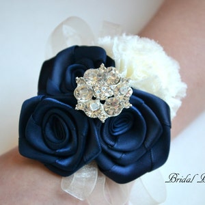 BEST SELLER - Navy Ivory Chiffon Ribbon Flower Wrist Corsage Boutonniere | Vintage Inspired Wedding | Bride Mother | Bridal Baby Shower Prom