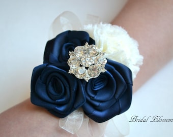 BEST SELLER Navy Ivory Chiffon Ribbon Flower Wrist Corsage