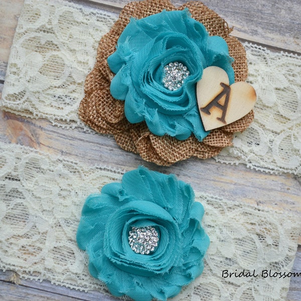 Ivory Turquoise Tan Burlap Bridal Garter Set With Initial | Chiffon Flower Garters | Wood Rustic Country Wedding | Stretch Lace | Plus Size
