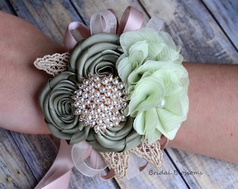 Sage Light Green Champagne Flower Wrist Corsage & Boutonniere Set | Vintage Inspired Wedding Chiffon Satin Roses Bride Bridal Shower Prom