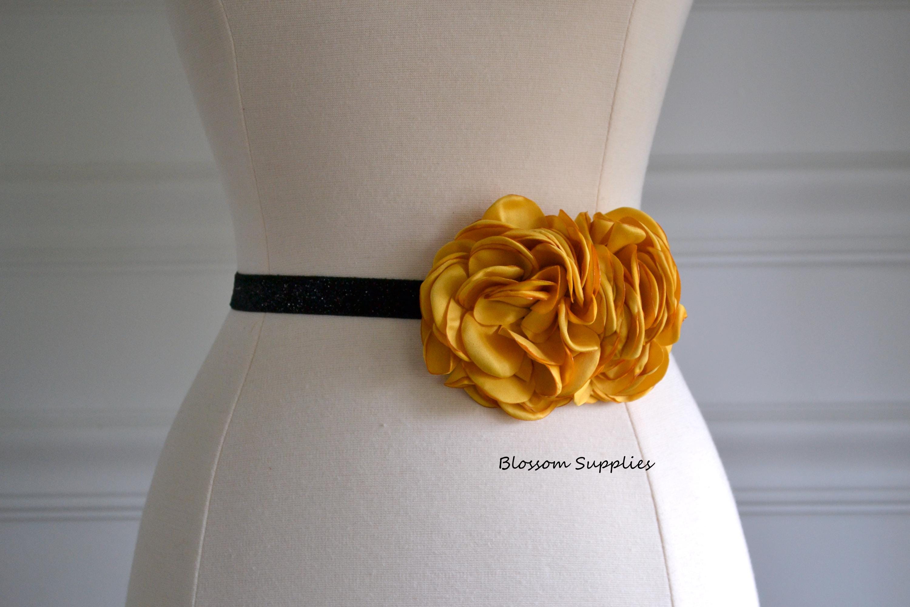 Mustard Golden Yellow Flower Black Shimmer Skinny Elastic Belt | Bridal Bridesmaid | Thin Dress Belt | Wedding Prom Belts | Stretchy Belt