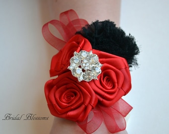 Red Black Chiffon Ribbon Flower Wrist Corsage & Boutonniere | Vintage Inspired Wedding | Mother of the Bride | Bridal Baby Shower Prom