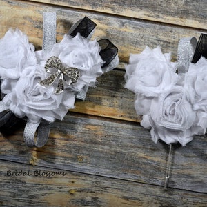 Mickey Minnie Mouse White Silver Black Chiffon Flower Wrist Corsage Boutonniere Set | Disney Wedding | Prom Baby Shower Anniversary Birthday