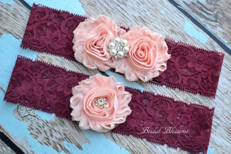 Plus Size Pearl Rhinestone Wedding Garter Stretch Lace Garter Burgundy Peach Gold Pearl Bridal Garter Set Chiffon Fabric Flower Lace