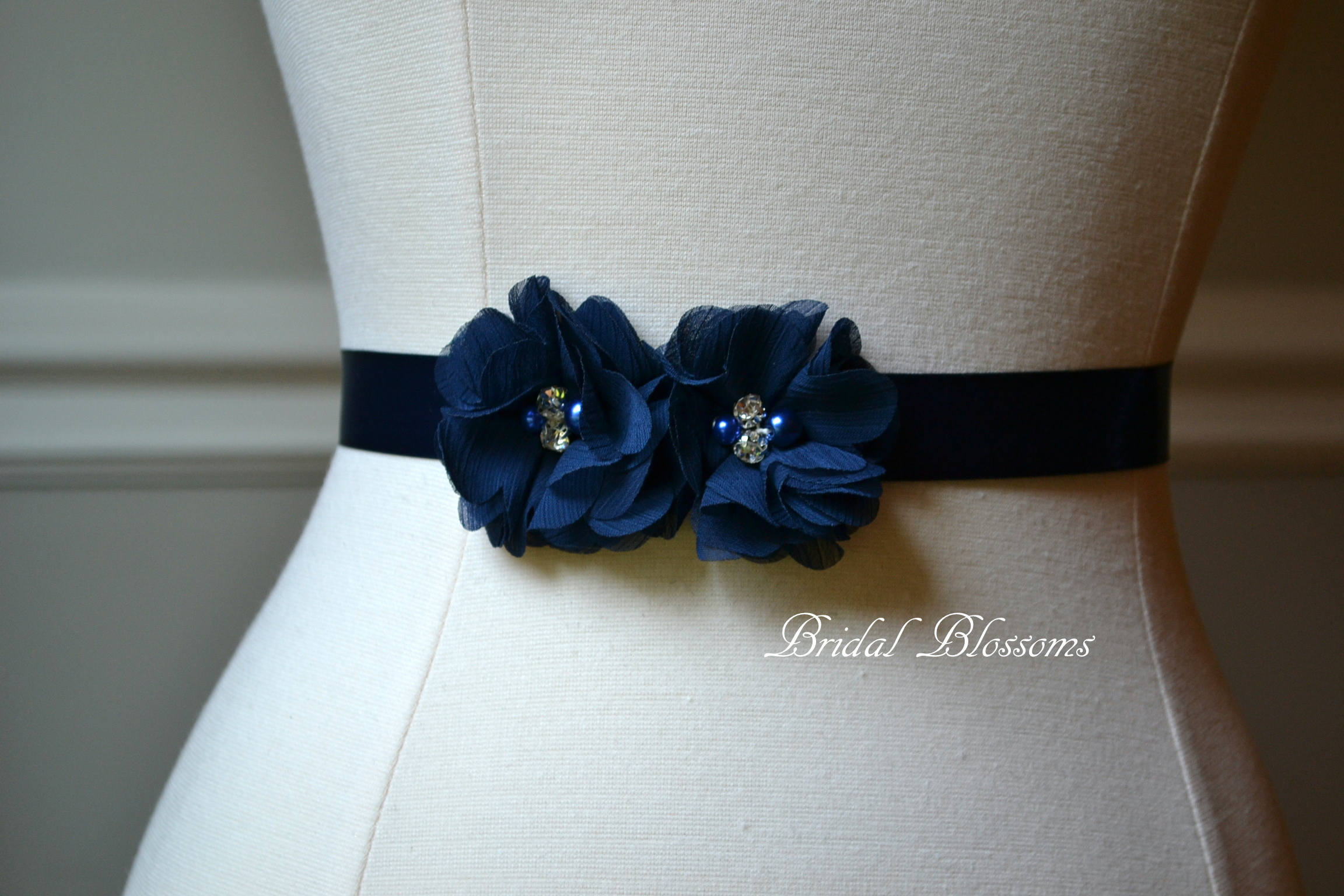 BELLA Navy Blue Vintage Inspired Bridal Sash | Chiffon Flower Wedding Dress Sash | Bridal Belt | Ribbon | Bridesmaids | Child Girl Sashes