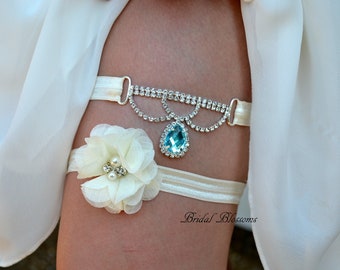 Rhinestone Bridal Garter Set | Aqua Jewel Ivory Elastic Garters Flower | Rhinestone Wedding No Slip Garter | Plus Size | Something Blue