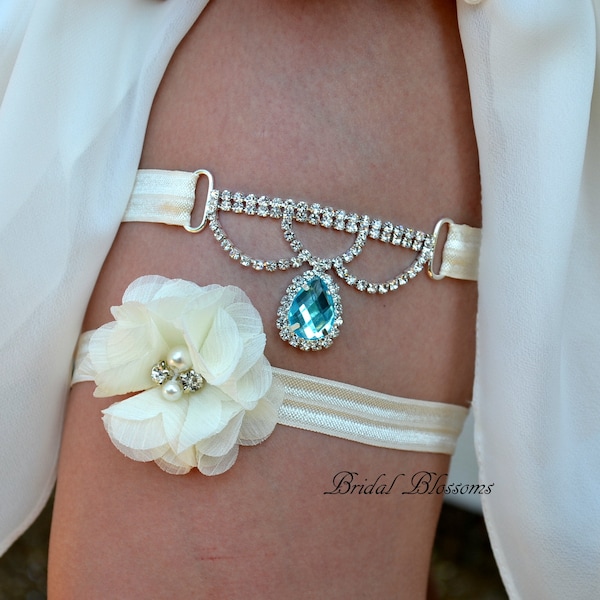 Rhinestone Bridal Garter Set | Aqua Jewel Ivory Elastic Garters Flower | Rhinestone Wedding No Slip Garter | Plus Size | Something Blue