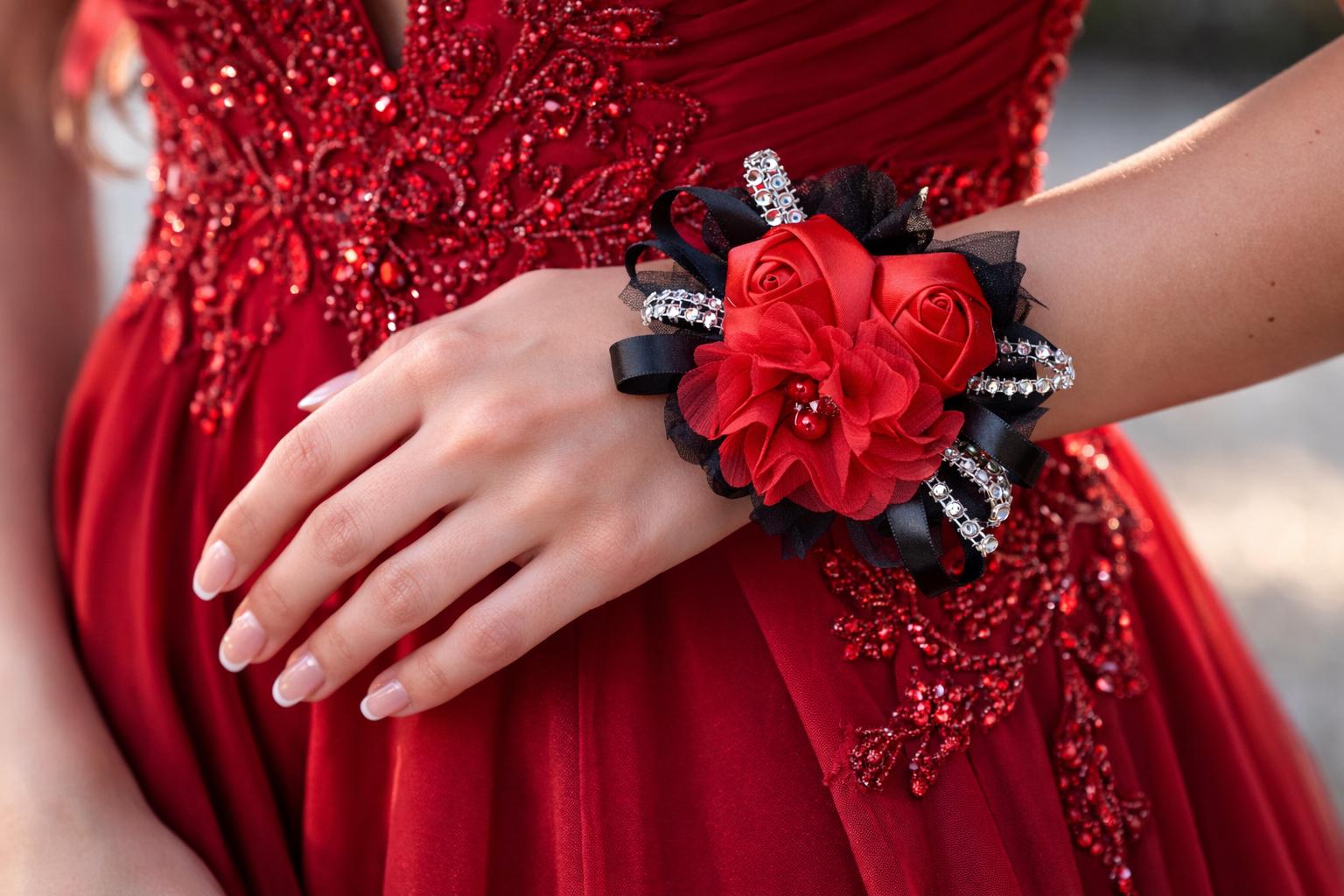 Black Gold Satin Chiffon Flower Wrist Corsage Boutonniere | Elastic Wristlet | Prom Gatsby Inspired