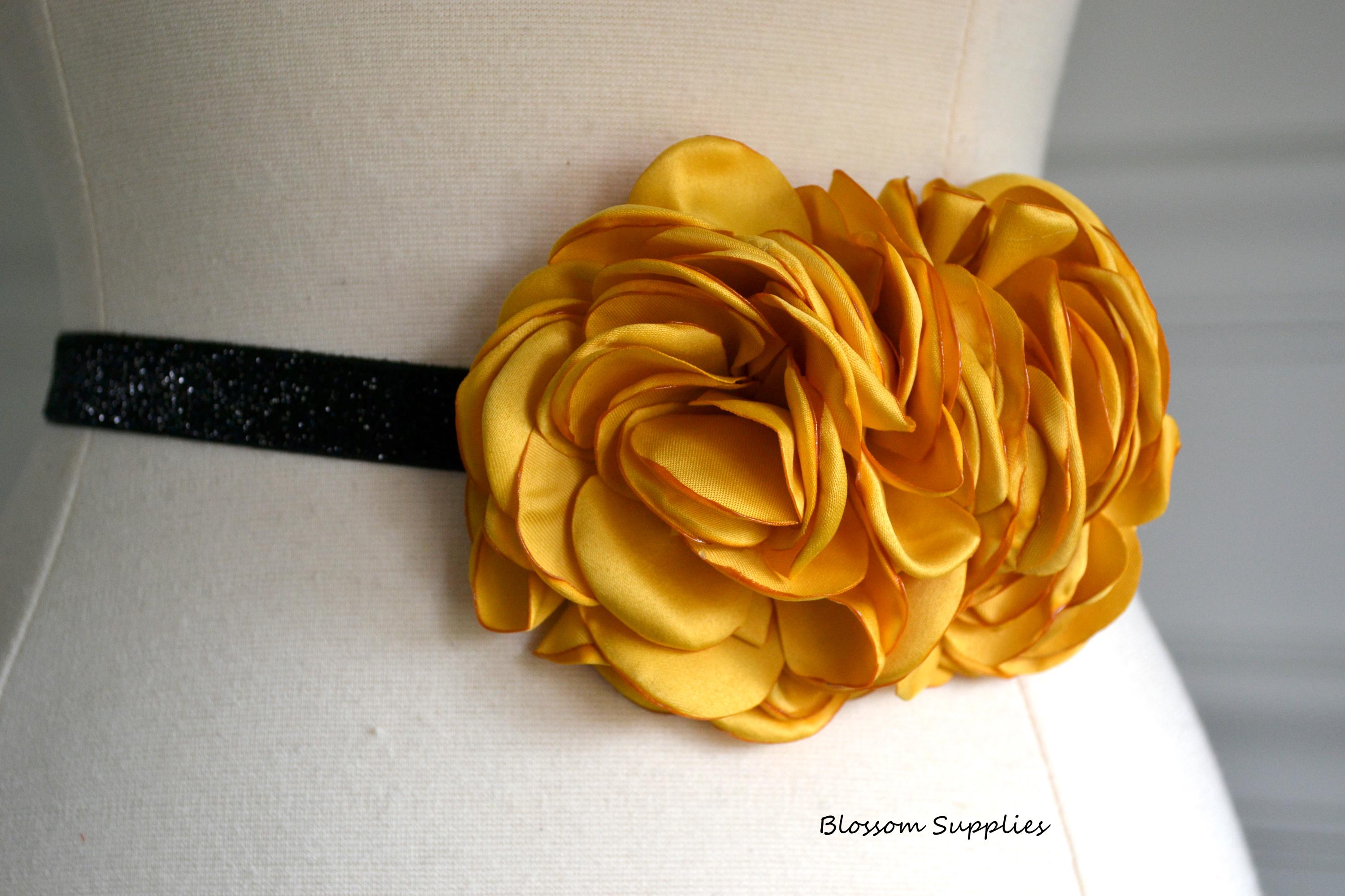 Mustard Golden Yellow Flower Black Shimmer Skinny Elastic  display picture 2