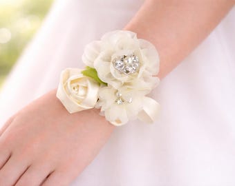 Ivory Chiffon Satin Flower Wrist Corsage | Vintage Inspired Wedding | Mother of the Bride | Bridal Shower | Easter | Boutonniere