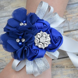 Royal Blue Silver Gray Flower Wrist Corsage | Vintage Inspired Wedding | Satin Rolled Roses | Mother of Bride Bridal Baby Shower Prom