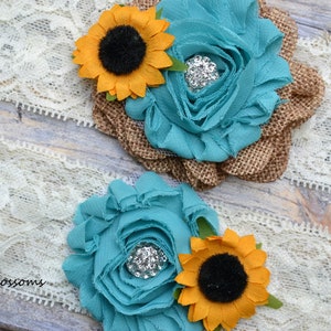 Ivory Turquoise Tan Burlap Sunflower Bridal Garter Set Chiffon Flower Garters Wood Rustic Country Wedding Stretch Lace Plus Size image 3