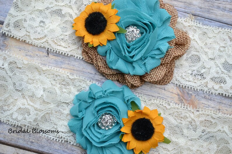 Ivory Turquoise Tan Burlap Sunflower Bridal Garter Set Chiffon Flower Garters Wood Rustic Country Wedding Stretch Lace Plus Size image 3