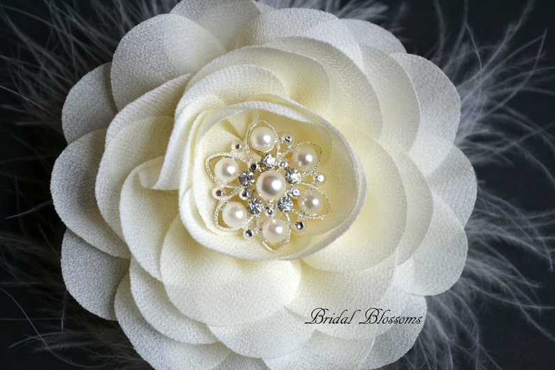 Ivory Chiffon Flower Hair Clip Flower Girl Feathers Pearl Rhinestone Vintage Inspired Bridal Hair Piece Fascinator BEST SELLER