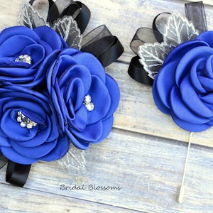 Royal Blue Black Silver Flower Wrist Corsage & Boutonniere | Vintage Inspired Wedding Satin Singed Roses Mother of Bride Baby Shower Prom
