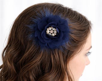 Navy Blue Chiffon Flower Hair Clip | Vintage Inspired Bridal Hair Piece | Wedding Fascinator | Flower Girl Feathers Rhinestone Dark Blue