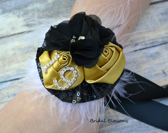 2024 Prom Gold Black Satin Flower Wrist Corsage | Sequin Feather Corsage Elastic Wristlet | Homecoming | Gatsby Inspired | Sweet 16 Birthday