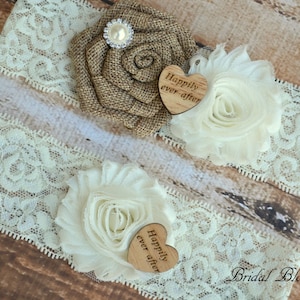 Ivory Tan Burlap Bridal Garter Set | Chiffon Fabric Flower Garters | Wood Rustic Country Wedding | Stretch Lace | Plus Size