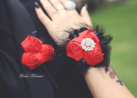 Red Black Satin Flower Wrist Corsage Boutonniere Set Sequin Feather Elastic Wristlet Prom Homecoming Gatsby Inspired Keepsake Flower