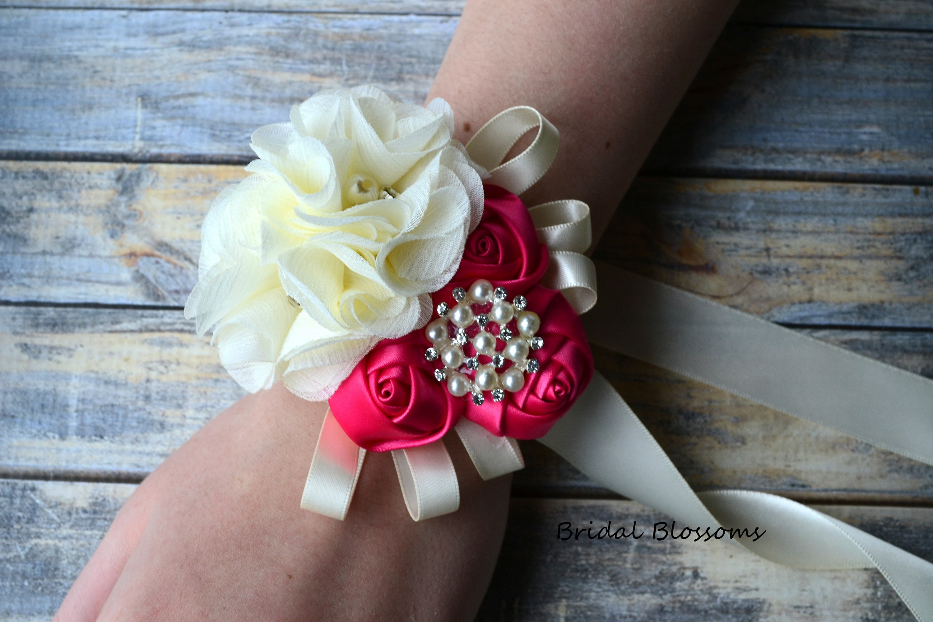 White mini roses and hot pink ribbon corsage and b in Myrtle Beach
