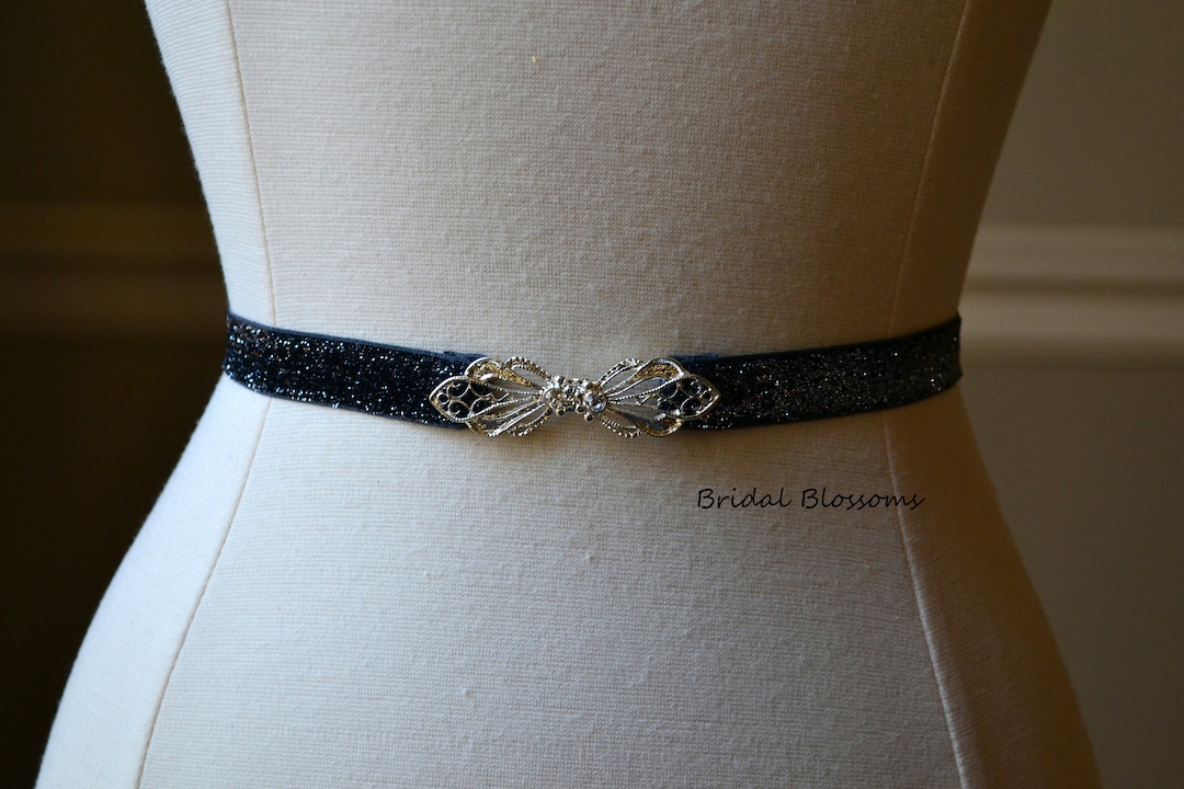 Navy Blue Silver Shimmer Skinny Elastic Belt With Rhinestone Buckle