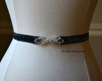 Navy Blue Silver Shimmer Skinny Elastic Belt with Rhinestone Buckle | Bridal Bridesmaid | Glitter Belt | Thin Dress Belt | Prom Belts