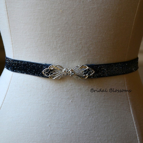 Navy Blue Silver Shimmer Skinny Elastic Belt with Rhinestone Buckle | Bridal Bridesmaid | Glitter Belt | Thin Dress Belt | Prom Belts