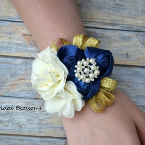 Gold Navy Blue Ivory Flower Wrist Corsage Boutonniere Set | Vintage Inspired Wedding | Chiffon Satin Rolled Roses | Bridal Baby Shower Prom