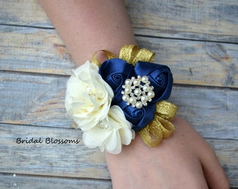 Gold Navy Blue Ivory Flower Wrist Corsage Boutonniere Set | Vintage Inspired Wedding | Chiffon Satin Rolled Roses | Bridal Baby Shower Prom