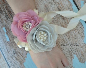 Dusty Rose Gray Ivory Chiffon Flower Wrist Corsage & Boutonniere Set | Vintage Inspired Wedding Corsage Elegant Mother of the Bride | Prom