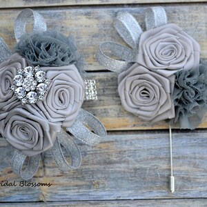 Silver Gray Chiffon Ribbon Flower Wrist Corsage Boutonniere | Vintage Inspired Wedding | Bride Mother | Bridal Baby Shower Prom