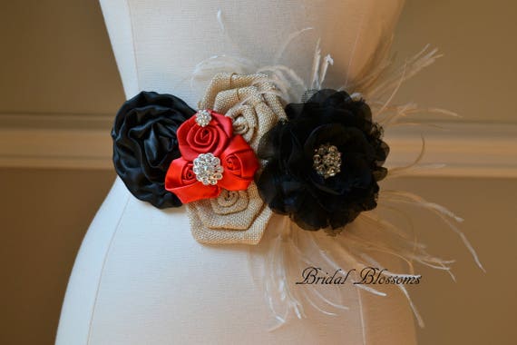 ALEX Black Red Burlap Flower Maternity OR Bridal Sash | It display picture 1