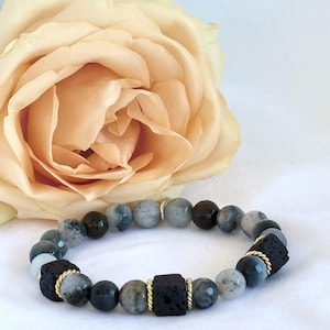 Grey Agate Bracelet Stretch Design Beaded Jewelry Handmade Boho Chic Style Gift Idea for Women