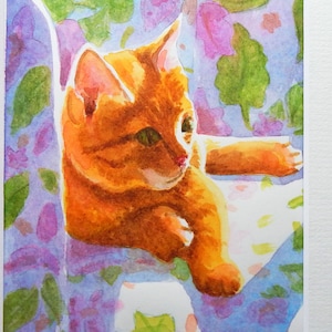 One of a Kind Orange Tabby Kitten on Floral Chair Original Watercolor Painting Handmade