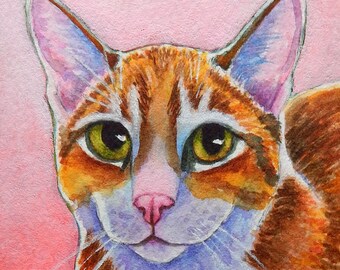 One of a Kind Original Mixed Media Painting of Orange Tabby Cat SFA