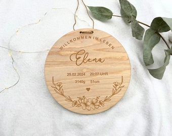 Namensschild mit Geburtsdaten aus Holz | personalisiertes Geschenk zur Taufe | Geschenk zur Geburt | Türschild mit Namen