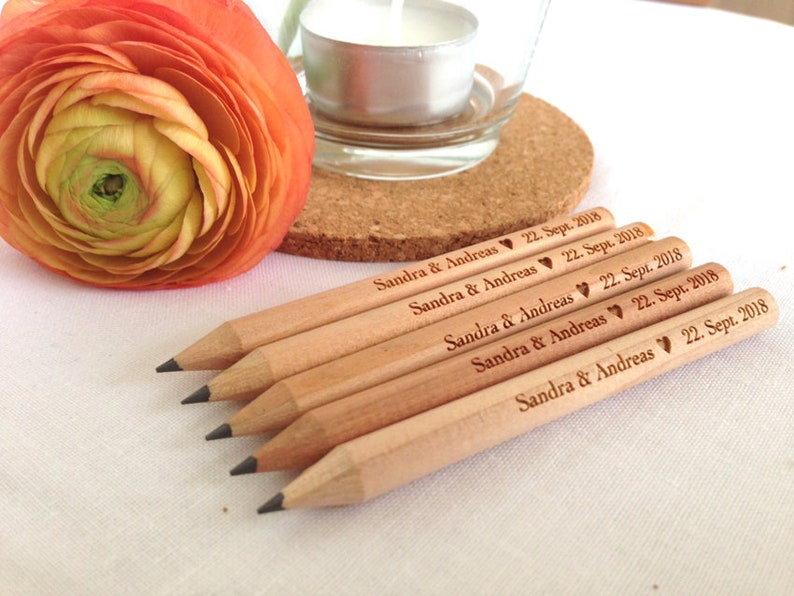 Guest gift 25 pencils with individual engraving small, table decoration, wedding, wood engraving, name engraving, wedding gifts image 1