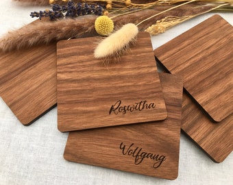 Coaster wood with engraving, gift wedding, name lettering, name tags wood, place cards, name cards, wood engraving