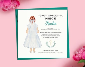 Niece First Holy Communion Card, Personalised Girls 1st Holy Communion Card for Niece, Handmade Holy Communion Card