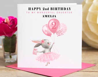 2nd Birthday Card for little girl, Pretty Bunny Age 2 Birthday Card for Daughter, Personalised 2nd Birthday Card Niece, Age 2 Granddaughter