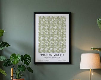 William Morris Chrysanthemum Print, Sage Green Botanical Wall Art, Vintage Floral Poster