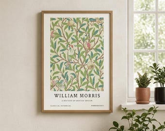 William Morris Pomegranate Print, Botanical Bird Wall Art, Vintage Floral Poster