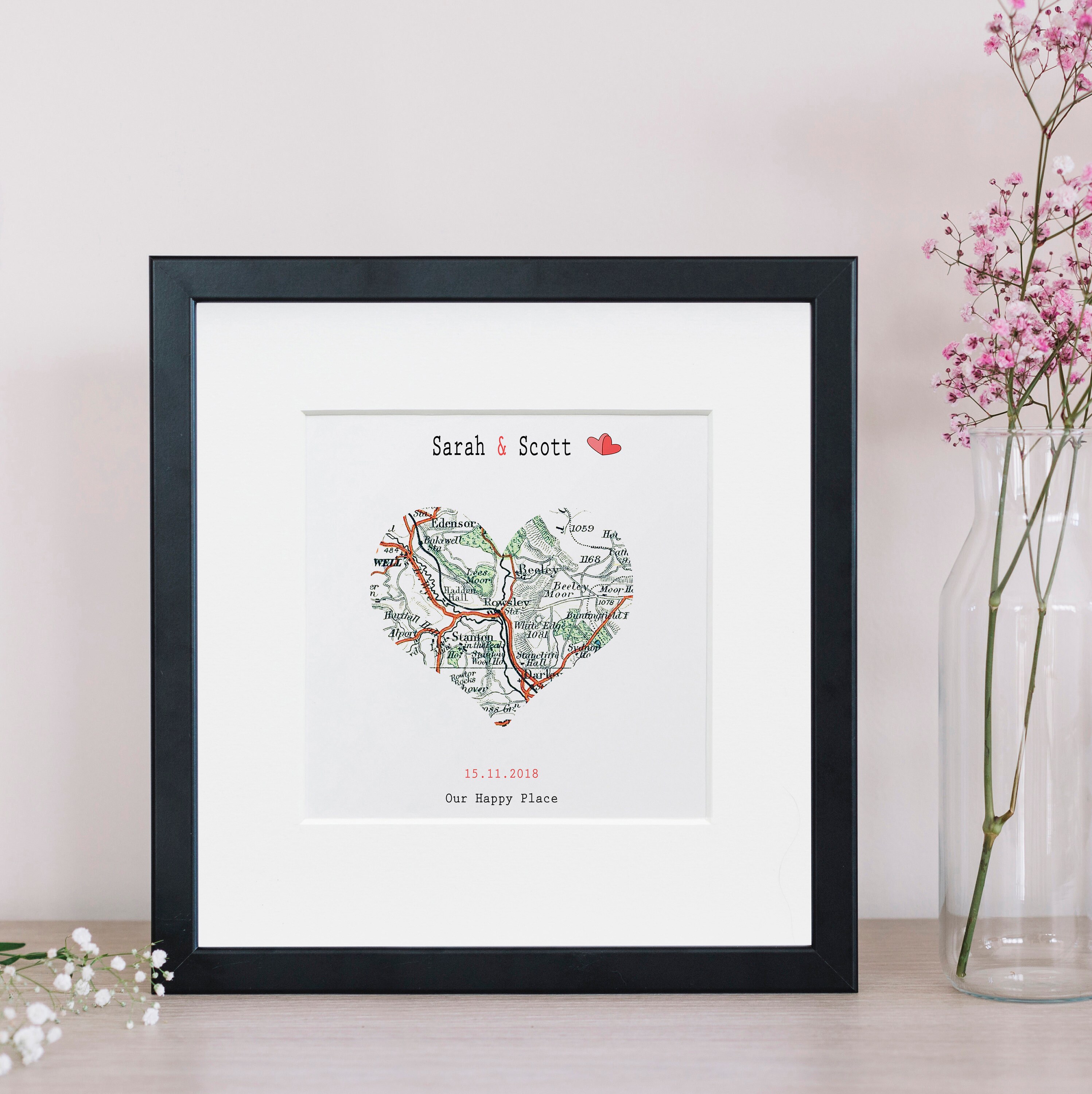 Heart Map Frame Personalizsed Vintage Map Heart Frame, Anniversary, Weddong or ...