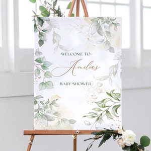 Eucalyptus baby shower sign, welcome to baby shower, personalised neutral baby shower decorations, greenery baby shower welcome sign