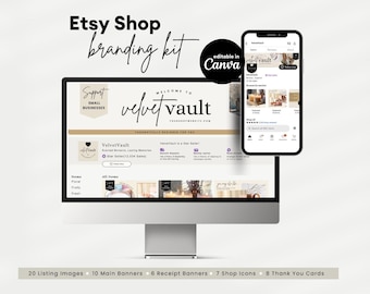 Könnte beinhalten: Ein Computerbildschirm zeigt ein Branding-Kit für einen Etsy-Shop namens "Velvet Vault". Das Kit enthält 20 Produktbilder, 10 Hauptbanner, 6 Empfangsbanner, 7 Shop-Icons und 8 Dankeskarten. Der Bildschirm zeigt auch eine Vorschau eines Telefonbildschirms mit einem Social-Media-Beitrag für den Shop.